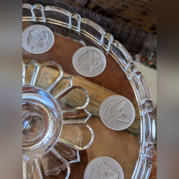 Antique 1892 Silver Dollar Glass Pedestal Cake Stand W Frosted Morgan Dollar - Picture 8 of 15